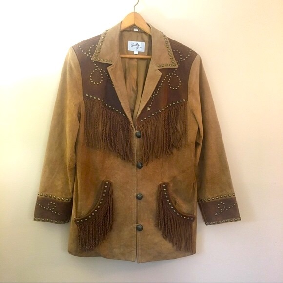 Scully Other - Scully Brown Leather Fringe Gold Studded Western Cowboy Vintage Jacket Large tan